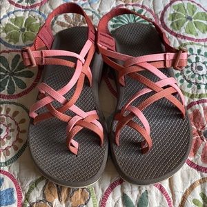 Pink and red double strap Chaco sandals